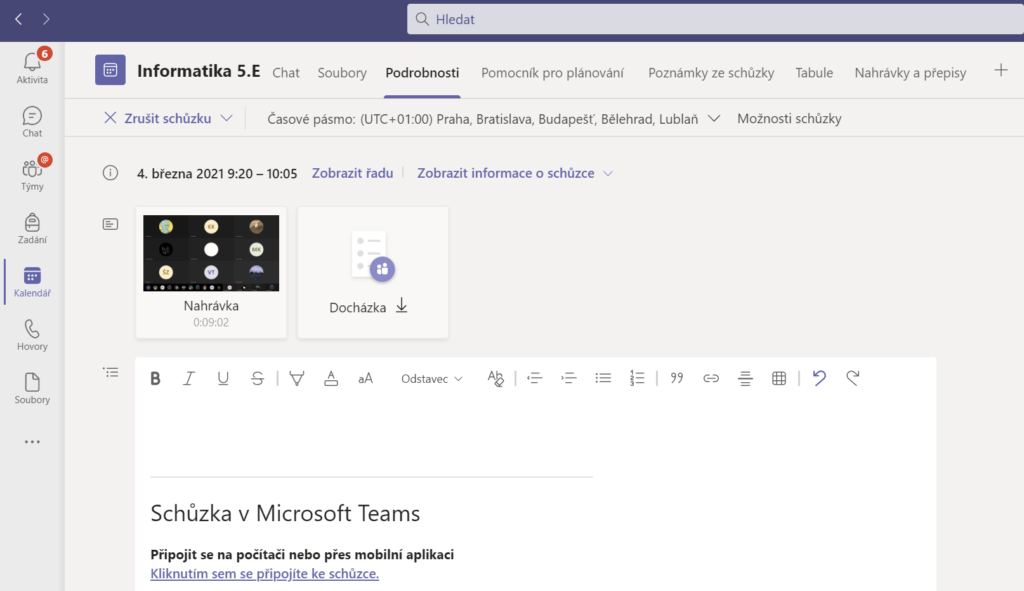 Na obrázku je ukázáno shrnutí schůzky po jejím skončení na kartě Podrobnosti v Microsoft Teams.