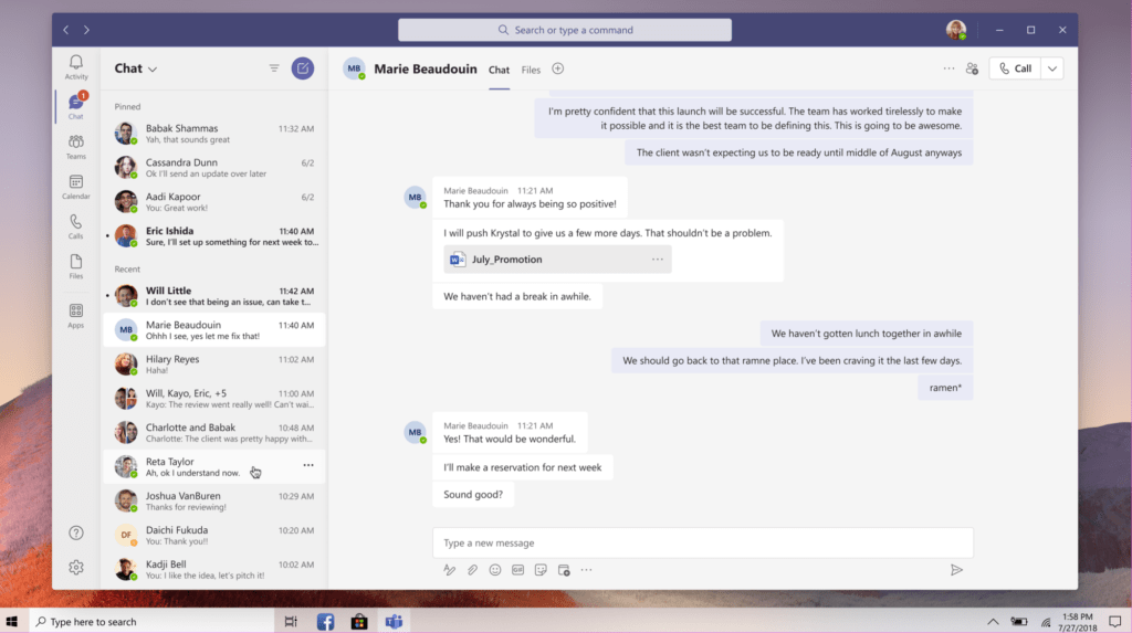 Na obrázku je ukázka nového Fluent Designu aplikace Microsoft Teams.