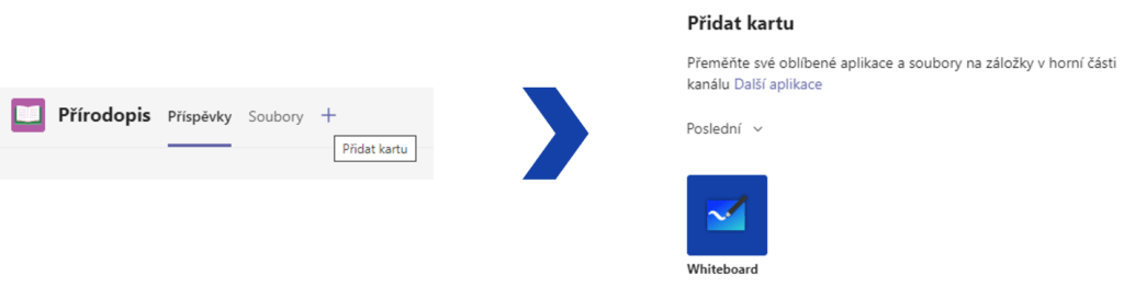 Na obrázku je postup, jak přidat aplikaci Whiteboard jako kartu do kanálu v Microsoft Teams.