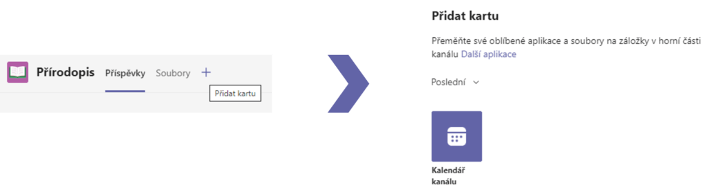 Na obrázku je postup, jak přidat Kalendář kanálu jako kartu do kanálu v Microsoft Teams.