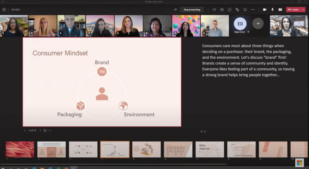 Na obrázku je ukázáno Zobrazení prezentujícího v nové funkci PowerPoint Live v Microsoft Teams.