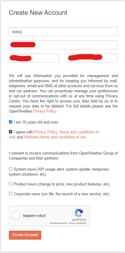 vytváření účtu na openweatherapp.org