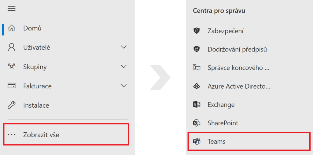 Na obrázku je nabídka možností Microsoft 365 admin centra se seznamem všech Center pro správu, včetně vyznačeného Teams.