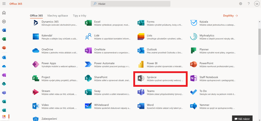 Na obrázku je seznam všech aplikací v Portálu Office s vyznačenou položkou Správce pro přechod do Microsoft 365 admin centra.