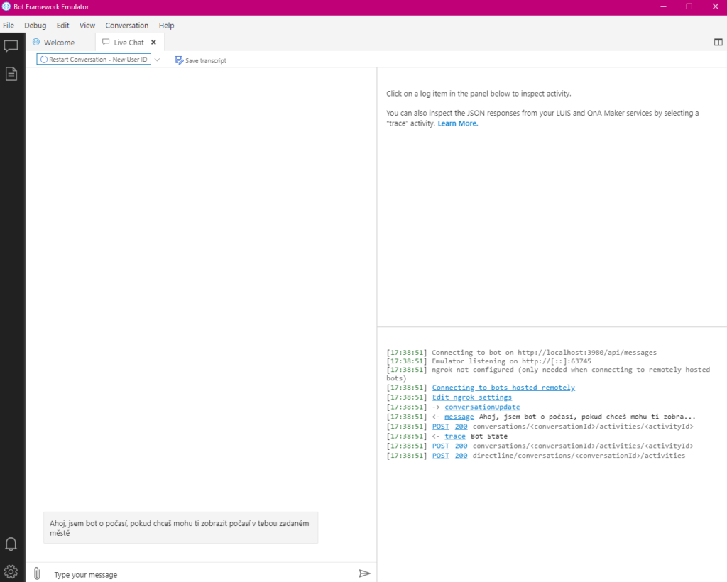 Chat emulátoru | zdroj: Bot Framework Emulator