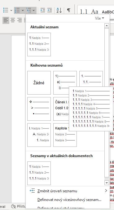 Na fotce je rozbalená nabídka s ukázkou možností číslování seznamů ve Wordu.