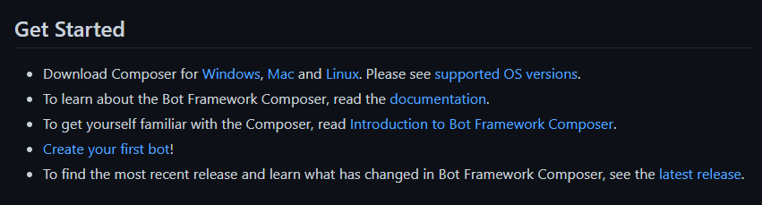 Get Started | zdroj: webové stránky Bot Framework Composer