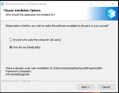 Výběr možnosti instalace | zdroj: instalace Bot Framework Emulator