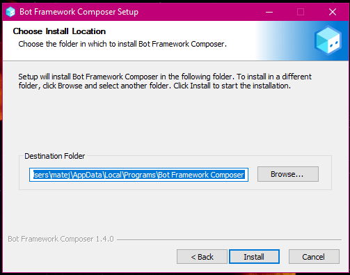 Výběr možnosti instalace | zdroj: instalace Bot Framework Emulator