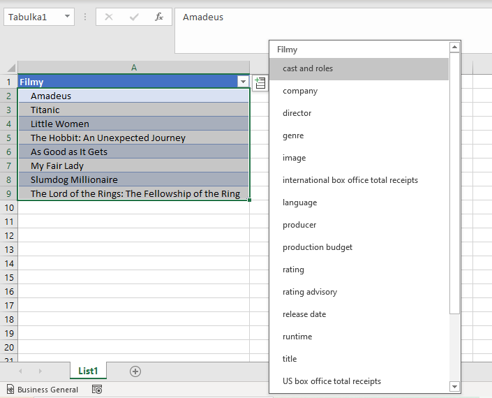Na snímku je zobrazena nabídka kategorií, které dokáže Excel k datovému typu Filmy vyhledat.