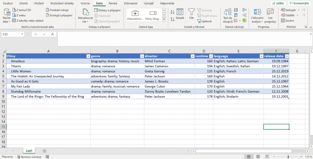 Fotka ukazuje příklad vyplněné tabulky. Excel za nás dohledal a dopsal informace do sloupečků Genre, Director, Runtime, Language a Release date.