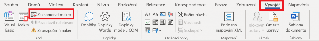 Pás karet a otevřená karta Vývojář, v sekci Kód můžeme zaznamenat makro