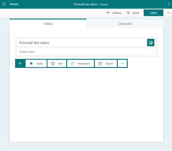 Na fotce je vidět možnost vkládání otázky a také jak upravit jméno formuláře s popisem