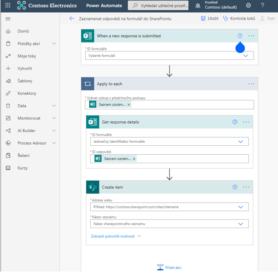 Na obrázku je vidět snímek z prostředí Power Automate, s potřebnými položkami pro správnou funkčnost.