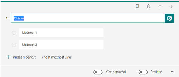 Na obrázku je vidět detail selektivní otázky. Díky této možnosti se můžete na něco zeptat a nastavit odpovědi ze kterých uživatel smí vybírat.