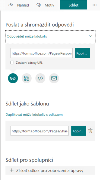 Na obrázku je vidět jak vypadá panel s nasdílením formuláře v Forms.