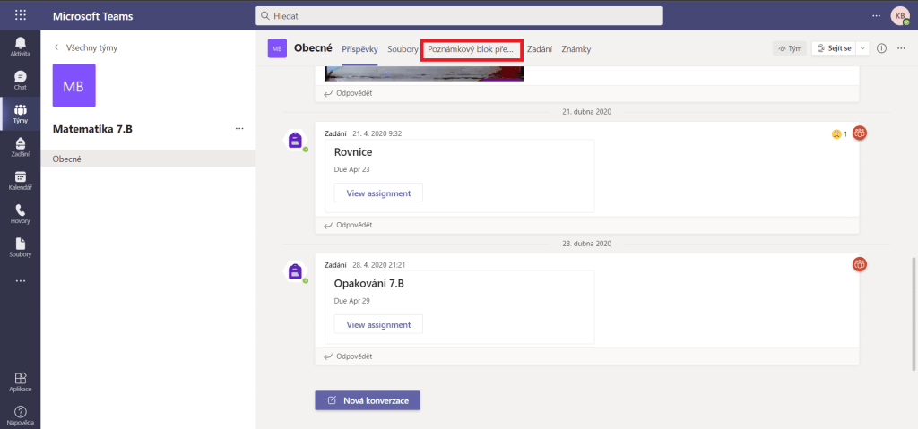 Poznámkový blok předmětu v Teamsech