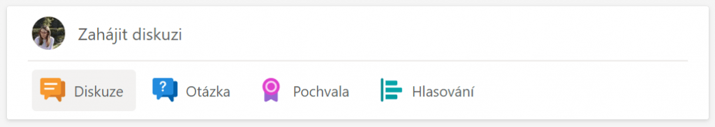 Screenshot z aplikace Yammer, na kterém je nabídka různých možností pro vložení příspěvku. Jedná se o možnosti Diskuze, Otázka, Pochvala a Hlasování.