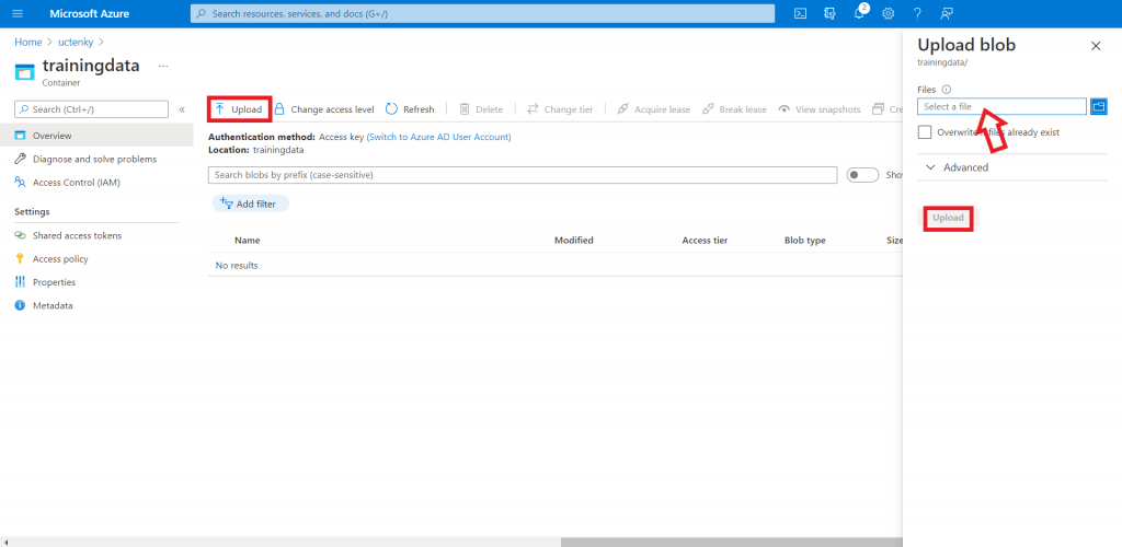 Screenshot obrazovky z Azure portálu. Upload tréninkových dat do kontejneru.