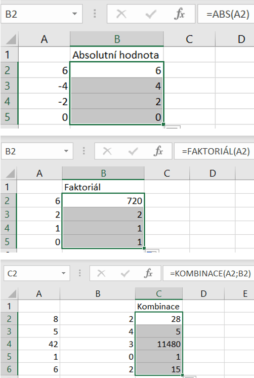 Na obrázku jsou tři tabulky, jedna znázorňuje počítání absolutních hodnot, druhá faktoriálů a třetí kombinací.