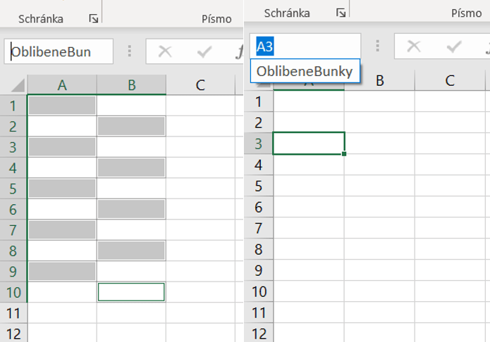 Na prvním obrázku máme několik označených buněk a nové jméno pro vybranou oblast. Na druhém obrázku vidíme, že po kliknutí na buňku se vlevo nahoře objeví nový název.