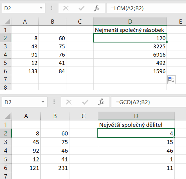 Na fotce jsou dvě tabulky s ukázkou použití funkcí LCM a GDC.