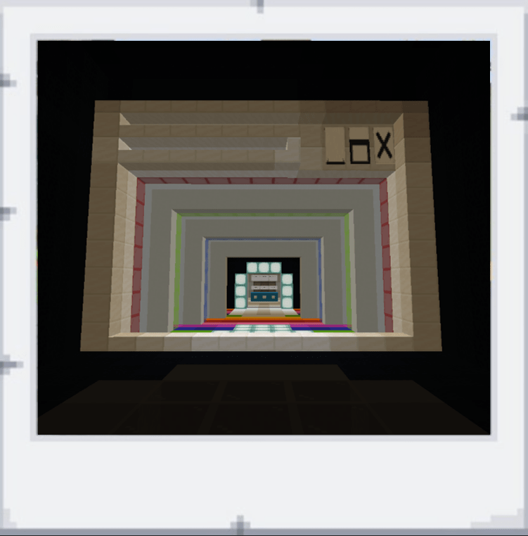 Obrázek ukazuje první, co hráči uvidí v sekci sdílení. Imitace okna operačního systému v Minecraftu.
