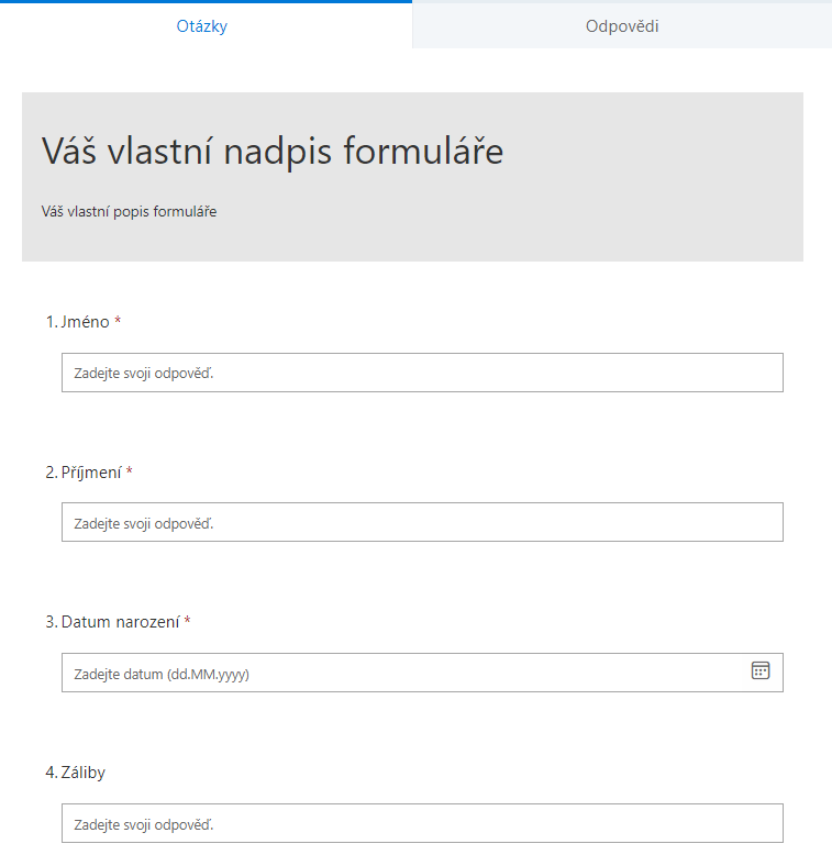 Výsledný formulář ve Forms