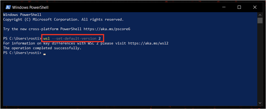 Obrázek vloženého příkazu pro nastavení výchozí verze WSL na verzi 2