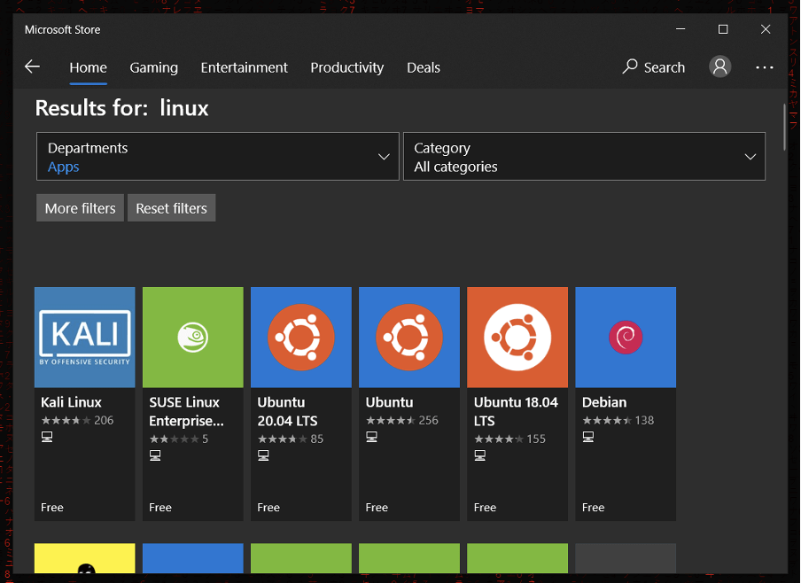 Obrázek z Microsoft Store po vyhledání klíčového slova Linux