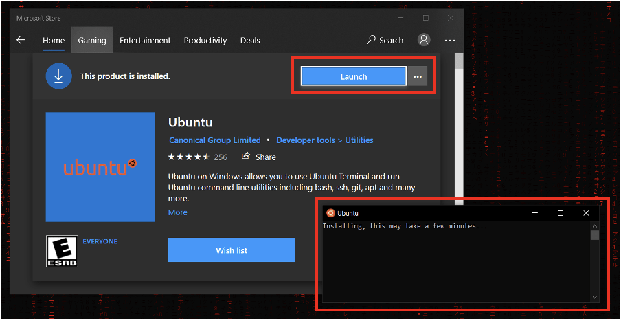 Obrázek Microsoft Store s již stáhlou distribucí Linuxu Ubuntu a probíhající instalace Ubuntu ve zvláštním okně.
