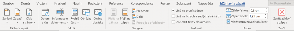 Na obrázku je znázorněna nová karta ´´záhlaví a zápatí´´, kde nalezneme rozšířené možnosti.