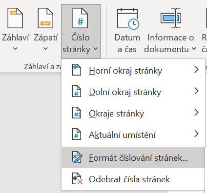 Na obrázku je znázorněn způsob jakým formátem můžeme číslovat stránky.