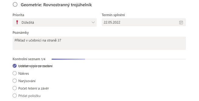 Kontrolní seznam | zdroj: Microsoft Teams