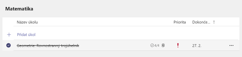 Hotový úkol | zdroj: Microsoft Teams