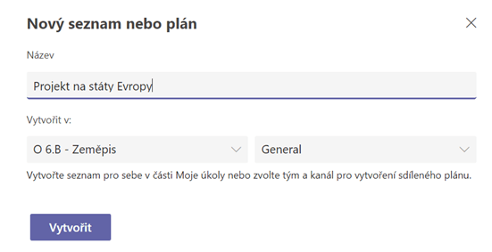 Nový plán | zdroj: Microsoft Teams