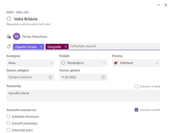 Vlastní štítky k úkolu | zdroj: Microsoft Teams