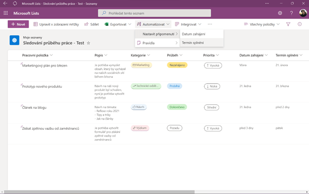 na obrázku je základní grafické rozhraní pro seznam v aplikaci Microsoft Lists. V horním panelu je rozklinuté tlačítko pro nastavení připomenutí v rámci automatizace seznamu