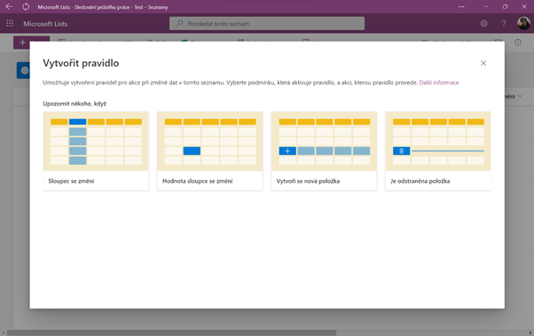 na obrázku je grafické rozhraní pro vytvoření pravidla v aplikaci Microsoft Lists. V okénku se zobrazují čtyři možnosti vytvoření podmínky – Sloupec se změní, Hodnota sloupce se změní, Vytvoří se nová položka, Je odstraněna položka