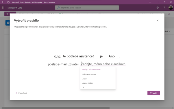 na obrázku je grafické rozhraní pro vytvoření pravidla v aplikaci Microsoft Lists. Je zde možnost doplnit vhodné informace a pravidlo vytvořit