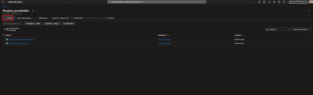 Screenshot z Azure portálu při vytváření nové skupiny prostředků. 