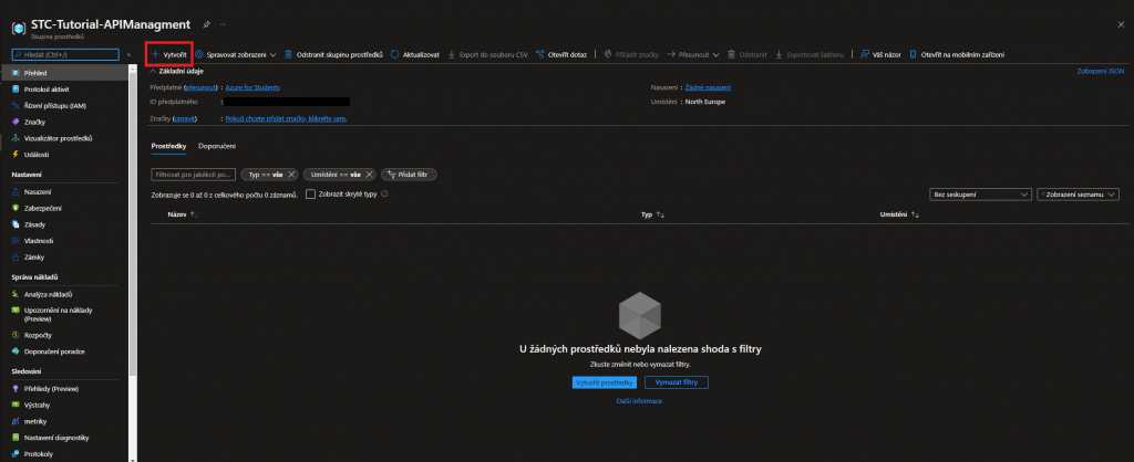Screenshot z Azure portálu při vytváření nového prostředku.
