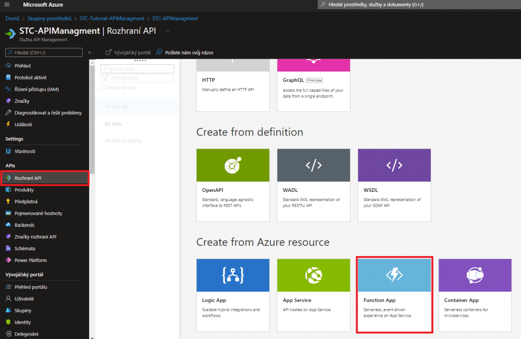 Screenshot z Microsoft Azure portálu při vytváření API z Function App.