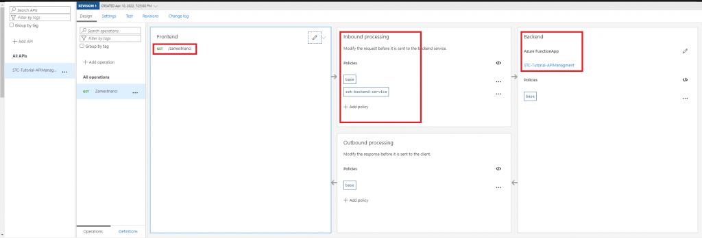 Screenshot z Microsoft Azure portálu při nastavování API, konkrétně Inbound, outbound processingu a backendu.