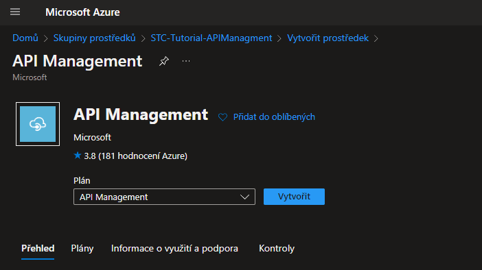 Screenshot z Azure portálu při vytváření API Managment prostředku.