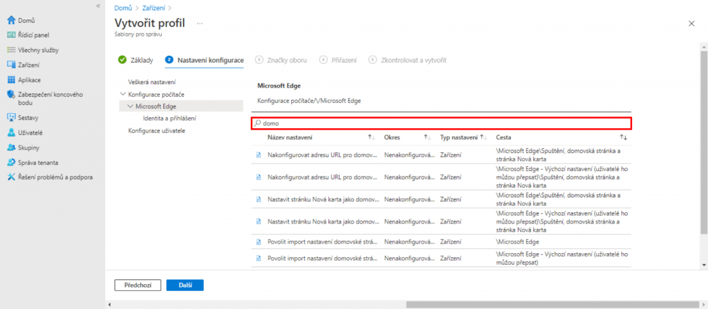 Panel Vytvořit profil: 2. Nastavení konfigurace - vyhledaná zásada Nakonfigurovat adresu URL pro domovskou stránku Microsoft Edge