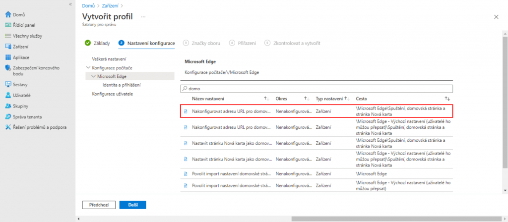 Panel Vytvořit profil: 2. Nastavení konfigurace - vybraná zásada Nakonfigurovat adresu URL pro domovskou stránku Microsoft Edge