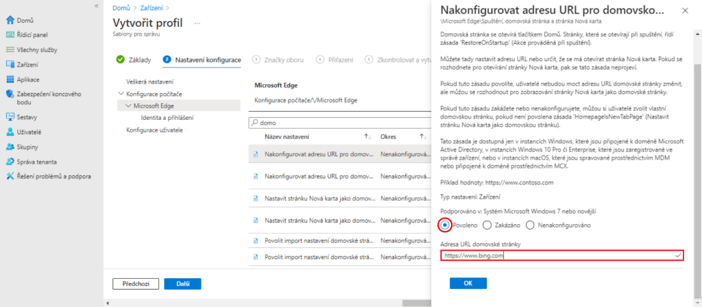 Vyskakovací okno Konfigurace zásady - Nakonfigurovat adresu URL pro domovskou stránku Microsoft Edge