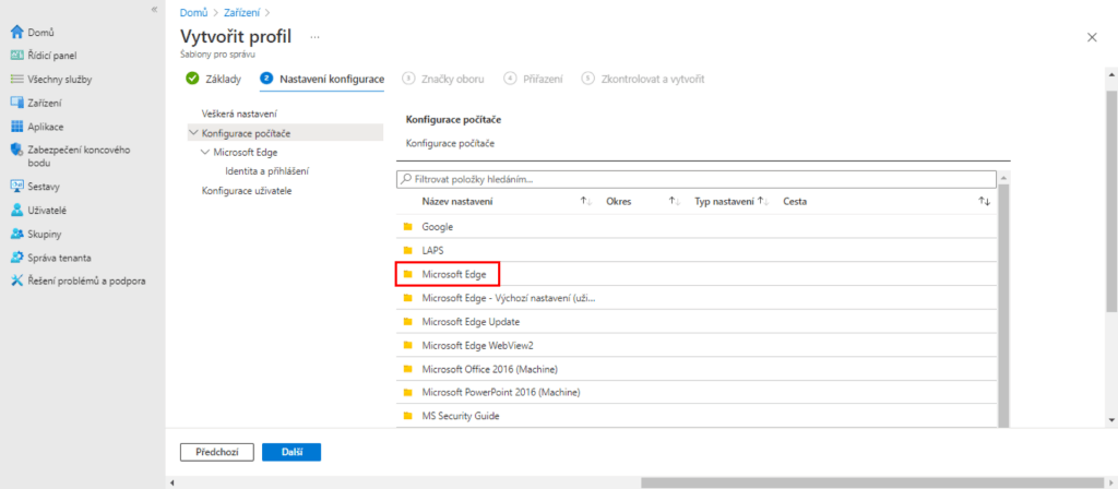 Panel Vytvořit profil: 2. Nastavení konfigurace - vybraná složka Microsoft Edge