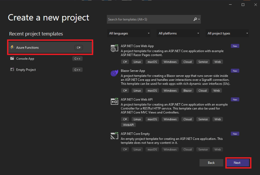 Screenshot z Microsoft Visual Studia při vytváření nového projektu Azure Functions.
